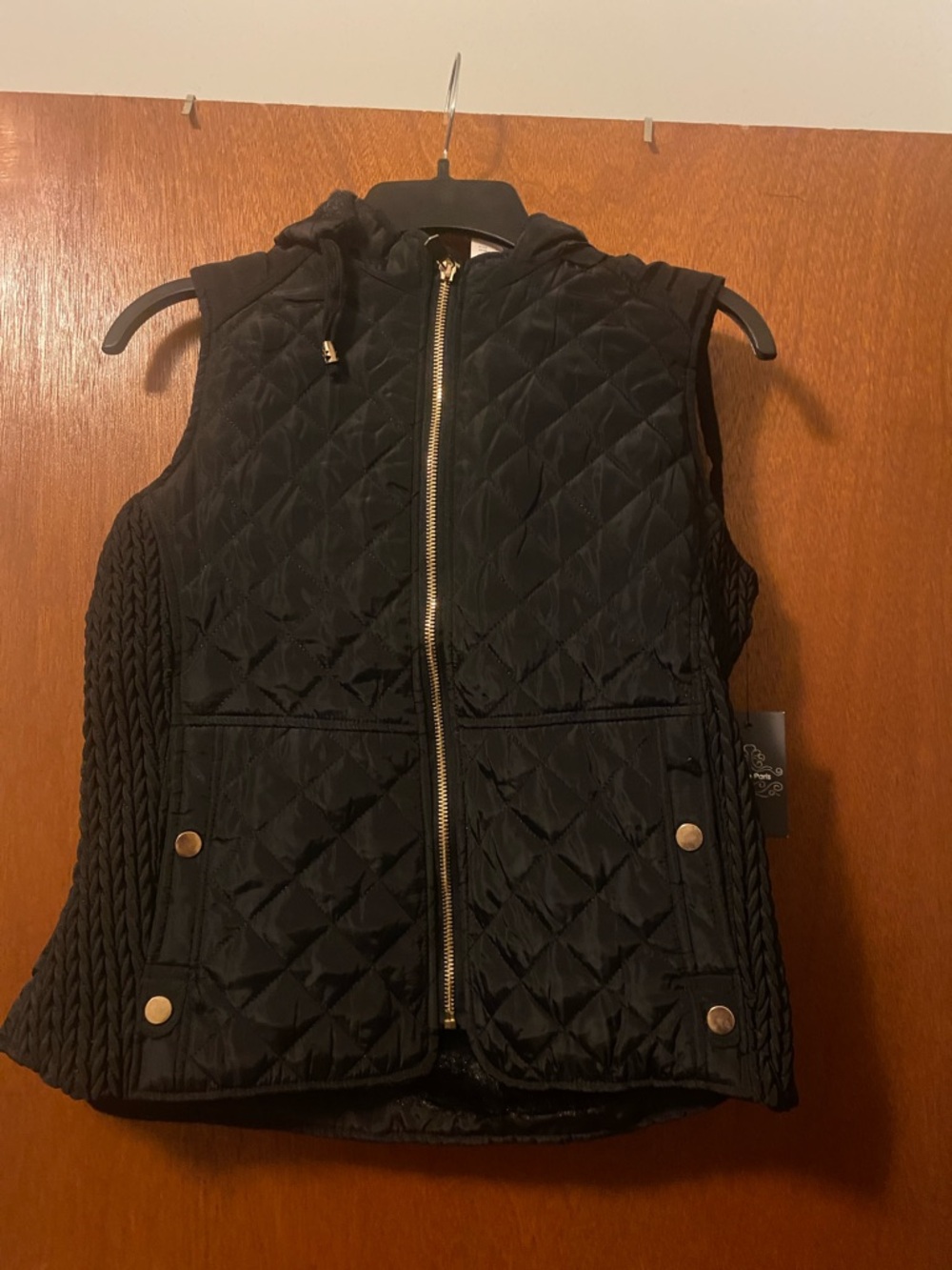 Louise Paris Quilted Hooded Vest in Black with Gold Hardware. Small